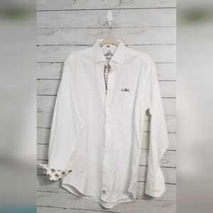 Thomas Dean White LSU Dress Shirt Logo's On Wrist Cuff Arm Tail Chest Large